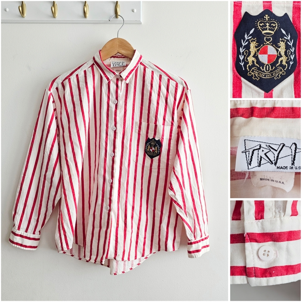 1980's TRY 1 Made in USA Red & White Striped Crest Button Down Shirt 100% Cotto